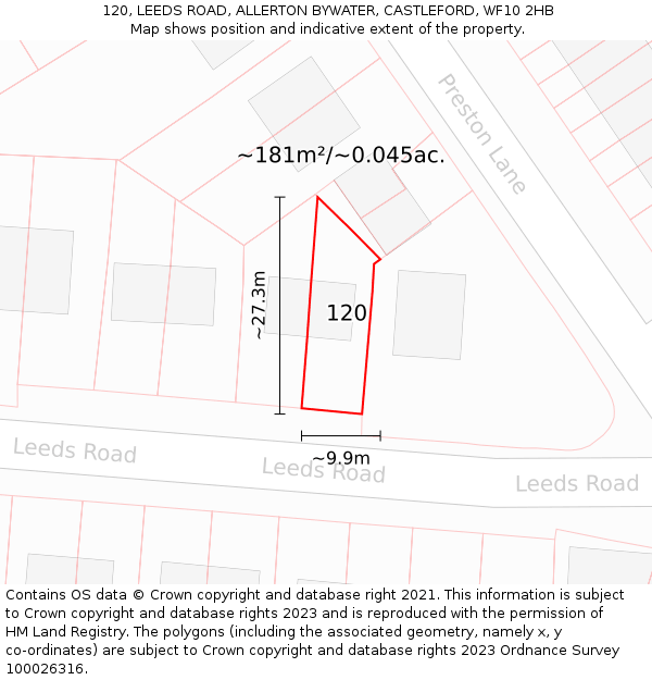 120, LEEDS ROAD, ALLERTON BYWATER, CASTLEFORD, WF10 2HB: Plot and title map
