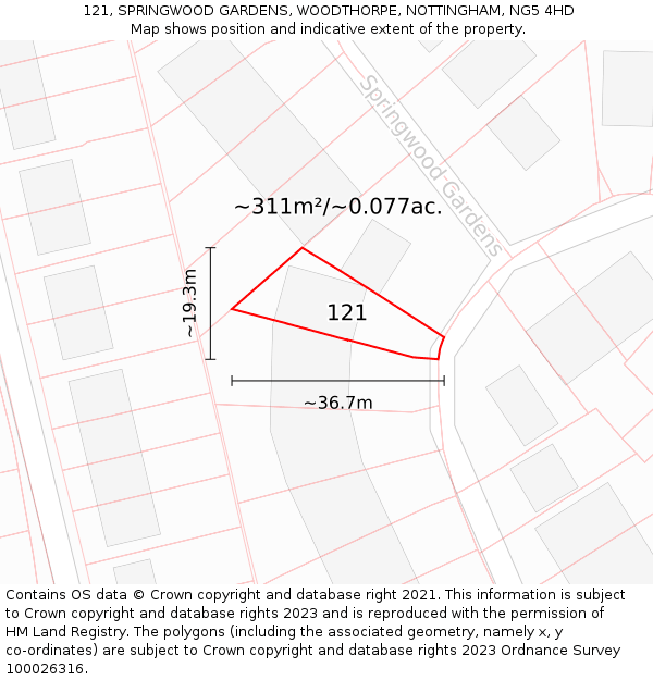 121, SPRINGWOOD GARDENS, WOODTHORPE, NOTTINGHAM, NG5 4HD: Plot and title map