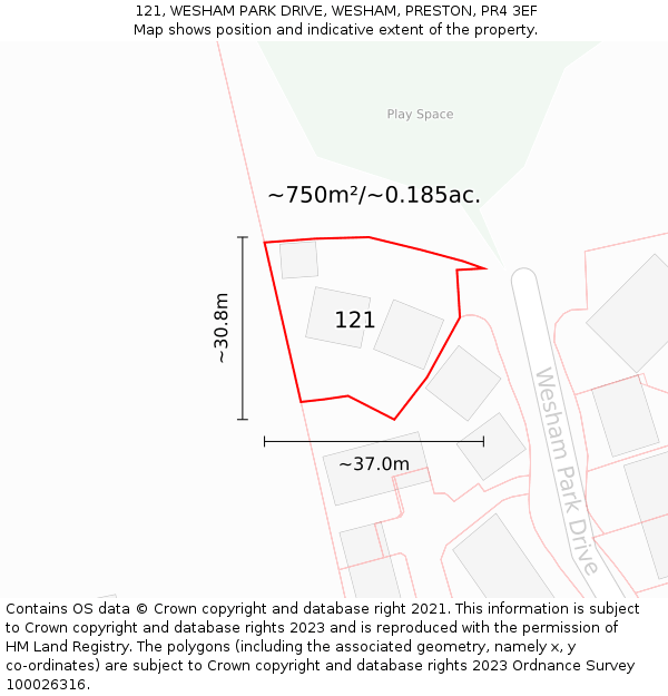 121, WESHAM PARK DRIVE, WESHAM, PRESTON, PR4 3EF: Plot and title map