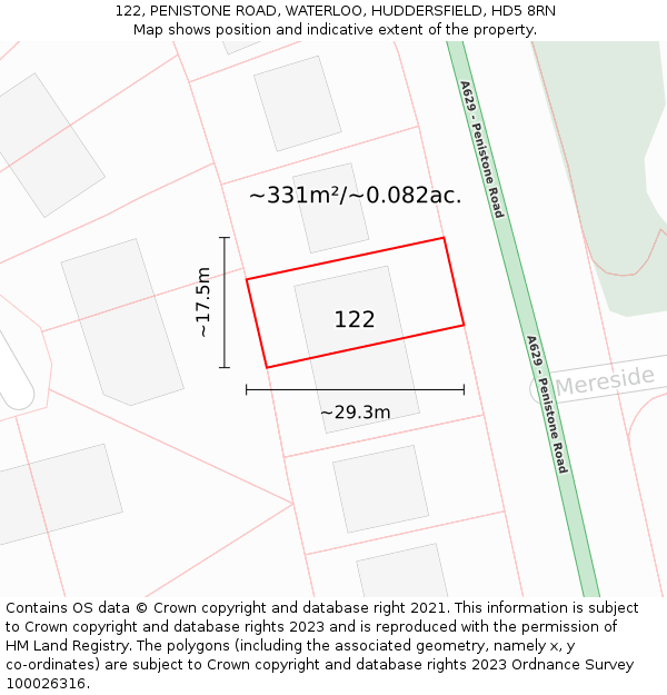 122, PENISTONE ROAD, WATERLOO, HUDDERSFIELD, HD5 8RN: Plot and title map