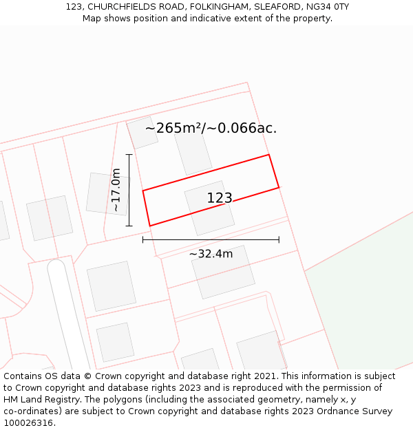 123, CHURCHFIELDS ROAD, FOLKINGHAM, SLEAFORD, NG34 0TY: Plot and title map