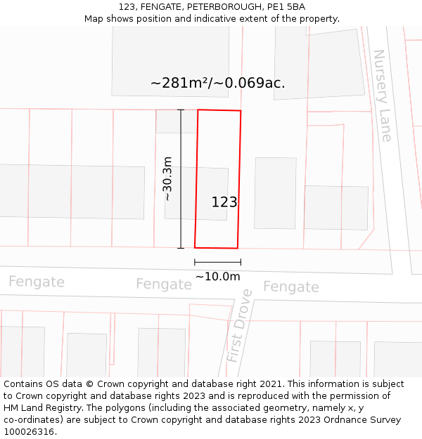123, FENGATE, PETERBOROUGH, PE1 5BA: Plot and title map