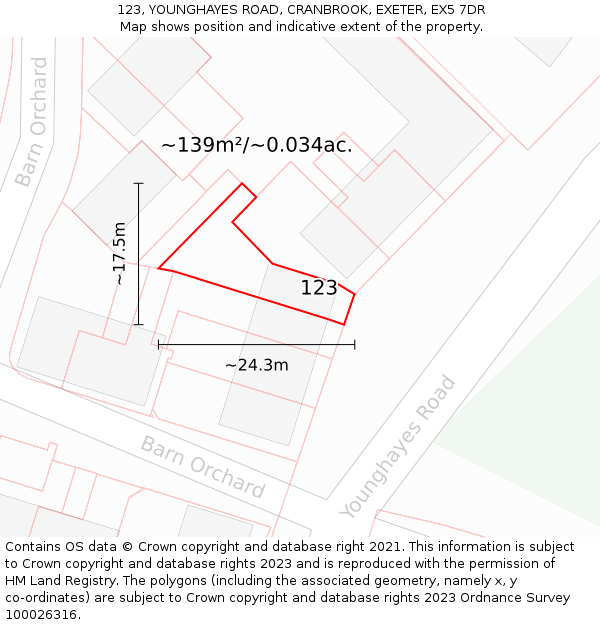 123, YOUNGHAYES ROAD, CRANBROOK, EXETER, EX5 7DR: Plot and title map