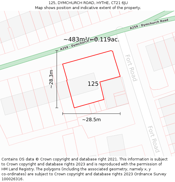 125, DYMCHURCH ROAD, HYTHE, CT21 6JU: Plot and title map