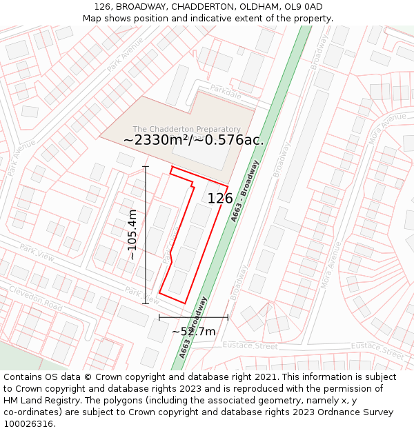 126, BROADWAY, CHADDERTON, OLDHAM, OL9 0AD: Plot and title map