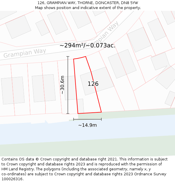 126, GRAMPIAN WAY, THORNE, DONCASTER, DN8 5YW: Plot and title map