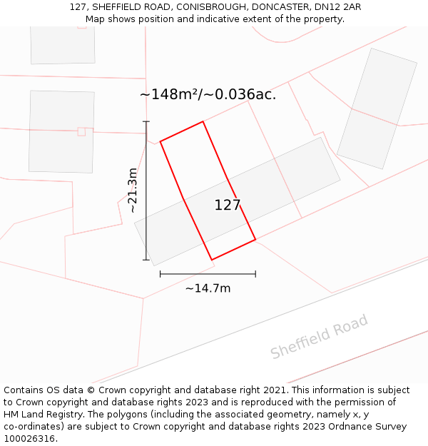 127, SHEFFIELD ROAD, CONISBROUGH, DONCASTER, DN12 2AR: Plot and title map