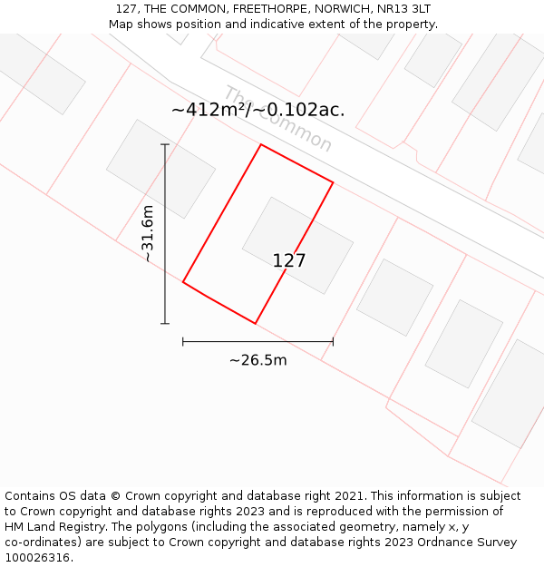 127, THE COMMON, FREETHORPE, NORWICH, NR13 3LT: Plot and title map