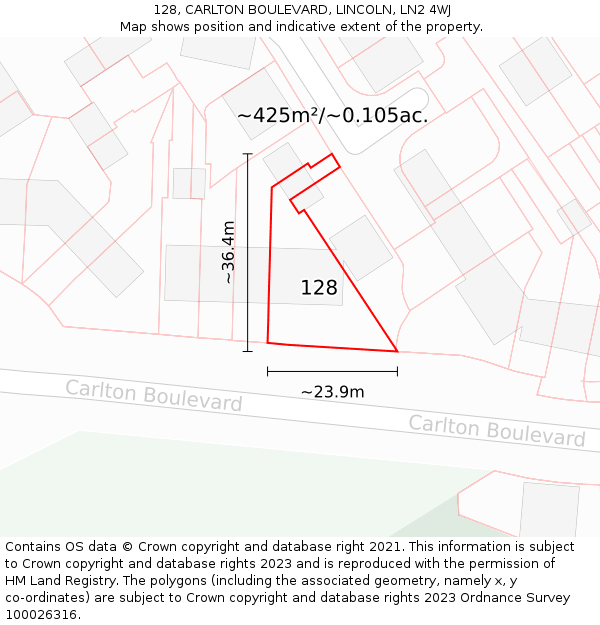 128, CARLTON BOULEVARD, LINCOLN, LN2 4WJ: Plot and title map