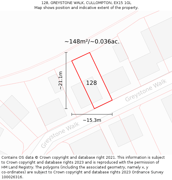 128, GREYSTONE WALK, CULLOMPTON, EX15 1GL: Plot and title map