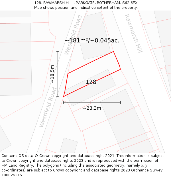 128, RAWMARSH HILL, PARKGATE, ROTHERHAM, S62 6EX: Plot and title map