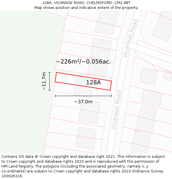 128A, VICARAGE ROAD, CHELMSFORD, CM2 9BT: Plot and title map