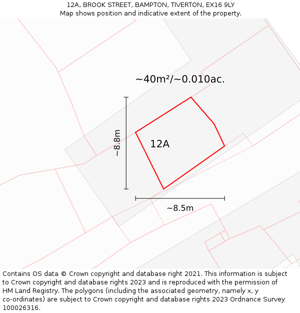 12A, BROOK STREET, BAMPTON, TIVERTON, EX16 9LY: Plot and title map