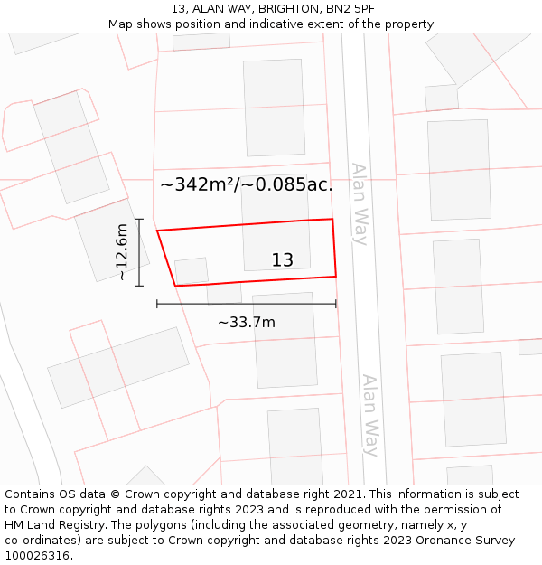 13, ALAN WAY, BRIGHTON, BN2 5PF: Plot and title map