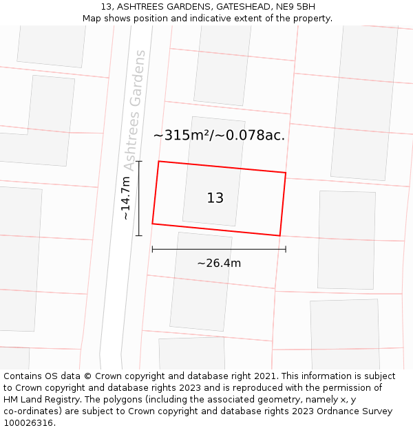 13, ASHTREES GARDENS, GATESHEAD, NE9 5BH: Plot and title map