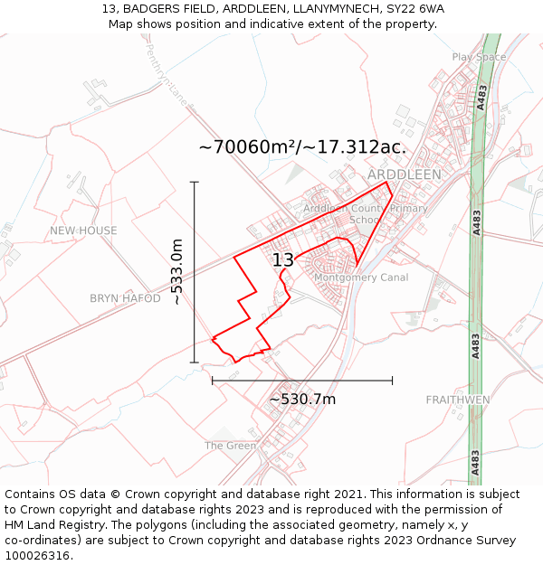 13, BADGERS FIELD, ARDDLEEN, LLANYMYNECH, SY22 6WA: Plot and title map