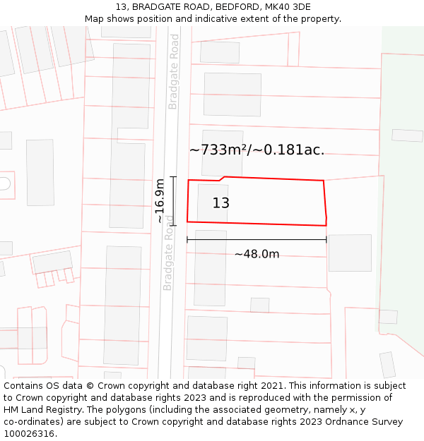 13, BRADGATE ROAD, BEDFORD, MK40 3DE: Plot and title map