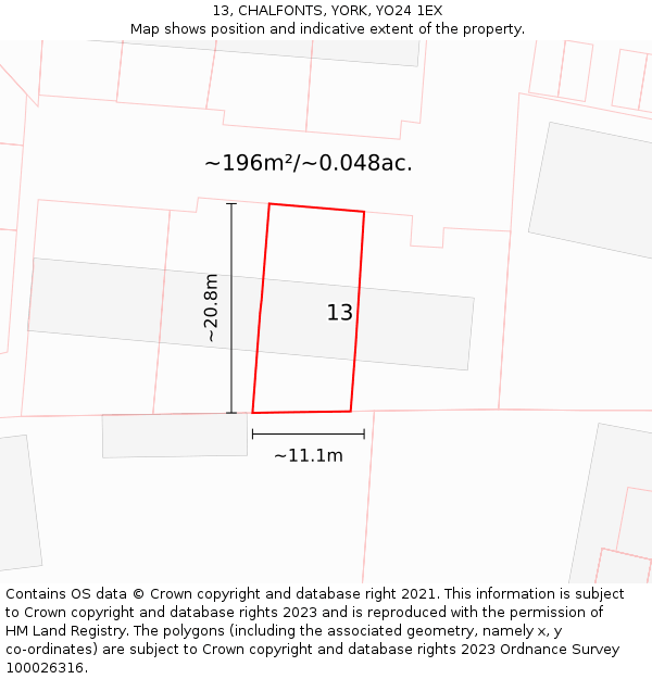 13, CHALFONTS, YORK, YO24 1EX: Plot and title map