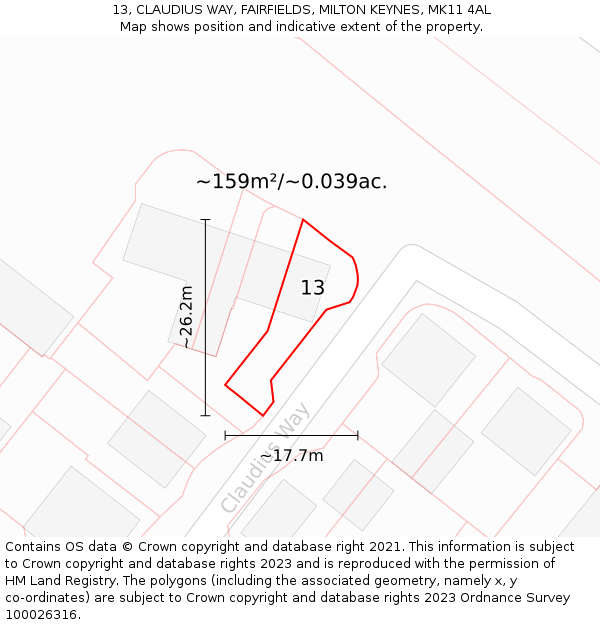 13, CLAUDIUS WAY, FAIRFIELDS, MILTON KEYNES, MK11 4AL: Plot and title map