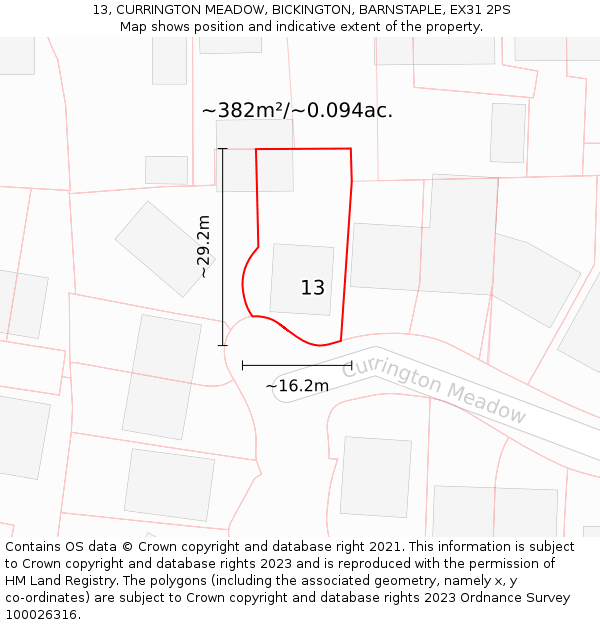 13, CURRINGTON MEADOW, BICKINGTON, BARNSTAPLE, EX31 2PS: Plot and title map