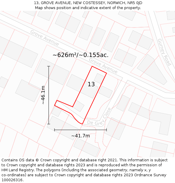 13, GROVE AVENUE, NEW COSTESSEY, NORWICH, NR5 0JD: Plot and title map