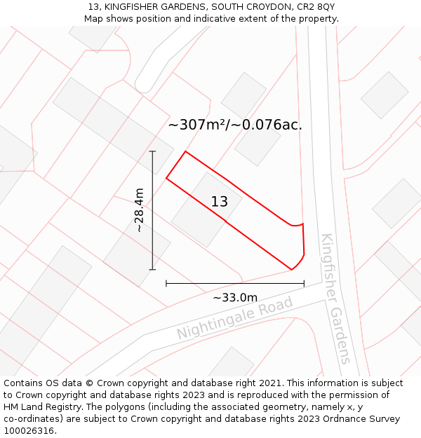 13, KINGFISHER GARDENS, SOUTH CROYDON, CR2 8QY: Plot and title map