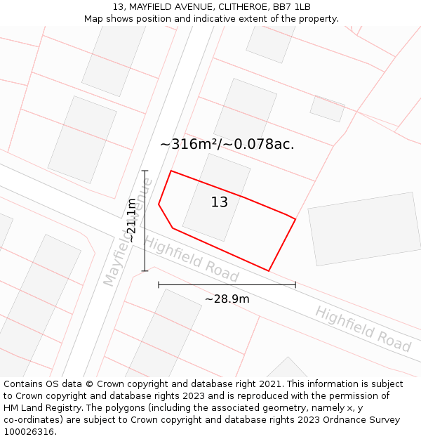 13, MAYFIELD AVENUE, CLITHEROE, BB7 1LB: Plot and title map