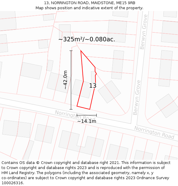 13, NORRINGTON ROAD, MAIDSTONE, ME15 9RB: Plot and title map
