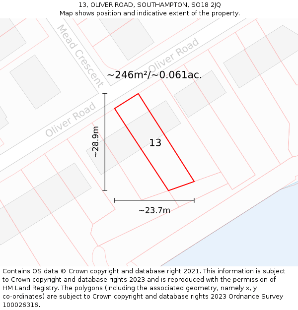 13, OLIVER ROAD, SOUTHAMPTON, SO18 2JQ: Plot and title map
