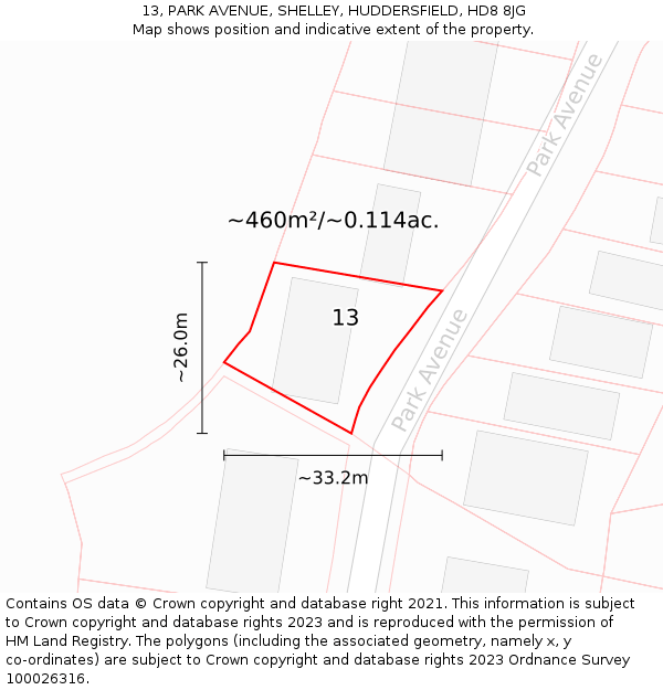 13, PARK AVENUE, SHELLEY, HUDDERSFIELD, HD8 8JG: Plot and title map