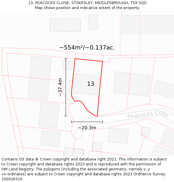13, PEACOCKS CLOSE, STOKESLEY, MIDDLESBROUGH, TS9 5QD: Plot and title map
