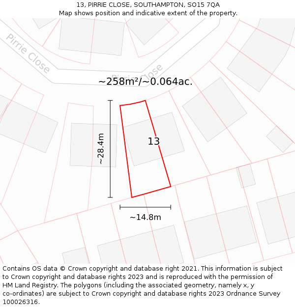 13, PIRRIE CLOSE, SOUTHAMPTON, SO15 7QA: Plot and title map