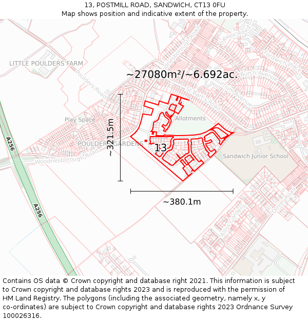 13, POSTMILL ROAD, SANDWICH, CT13 0FU: Plot and title map
