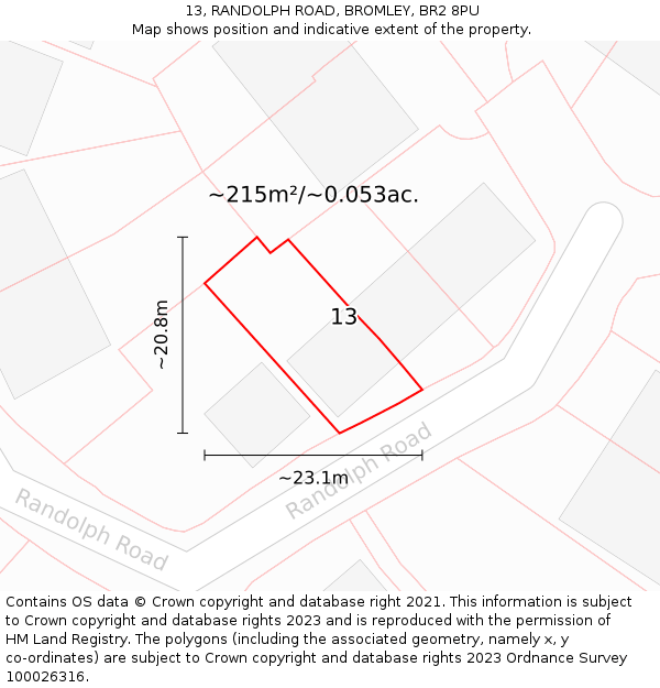 13, RANDOLPH ROAD, BROMLEY, BR2 8PU: Plot and title map