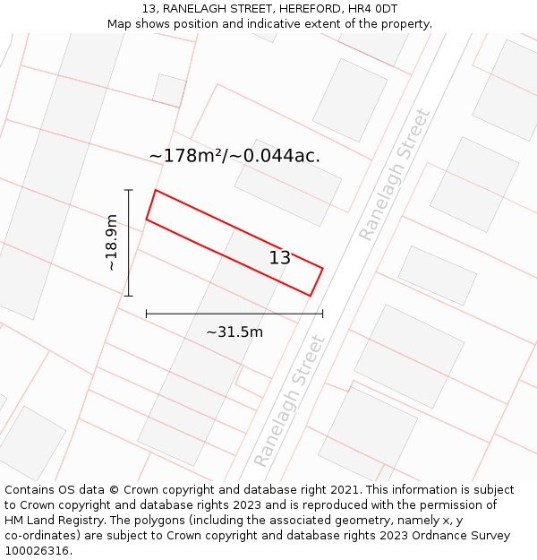 13, RANELAGH STREET, HEREFORD, HR4 0DT: Plot and title map