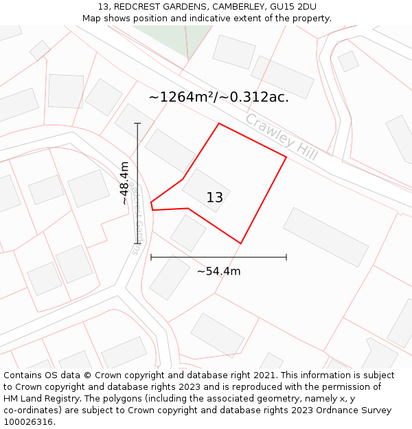 13, REDCREST GARDENS, CAMBERLEY, GU15 2DU: Plot and title map