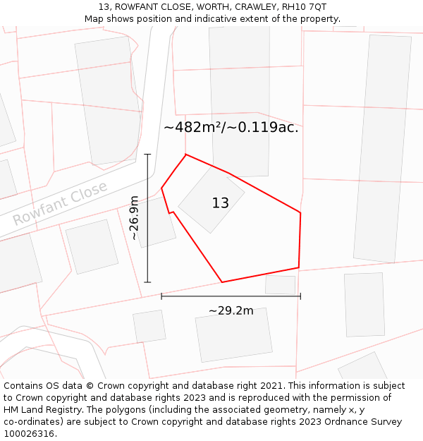13, ROWFANT CLOSE, WORTH, CRAWLEY, RH10 7QT: Plot and title map