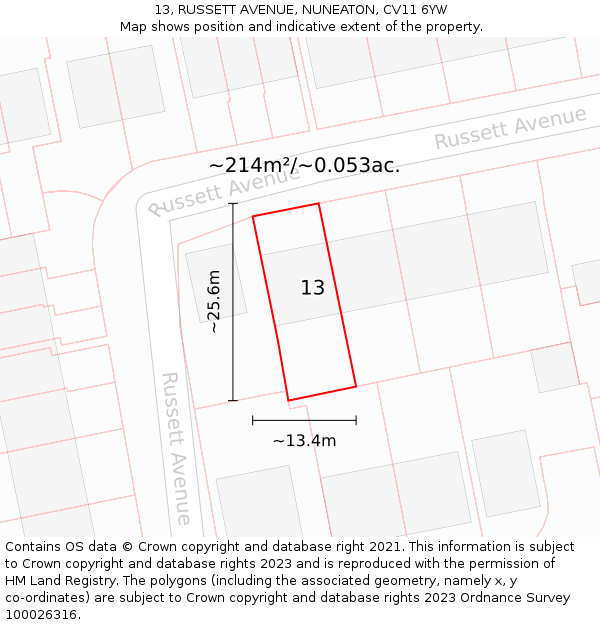 13, RUSSETT AVENUE, NUNEATON, CV11 6YW: Plot and title map