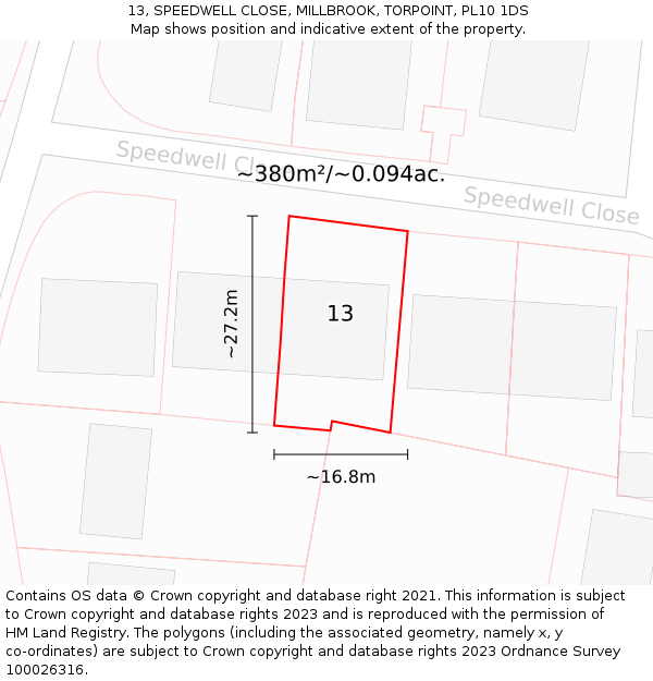 13, SPEEDWELL CLOSE, MILLBROOK, TORPOINT, PL10 1DS: Plot and title map