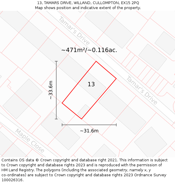 13, TAMARS DRIVE, WILLAND, CULLOMPTON, EX15 2PQ: Plot and title map