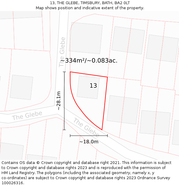 13, THE GLEBE, TIMSBURY, BATH, BA2 0LT: Plot and title map