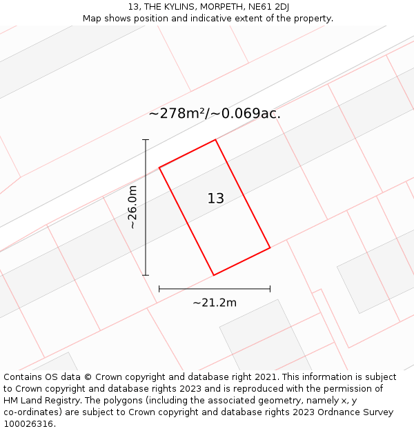 13, THE KYLINS, MORPETH, NE61 2DJ: Plot and title map