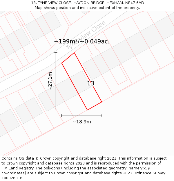 13, TYNE VIEW CLOSE, HAYDON BRIDGE, HEXHAM, NE47 6AD: Plot and title map