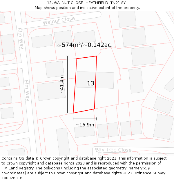 13, WALNUT CLOSE, HEATHFIELD, TN21 8YL: Plot and title map