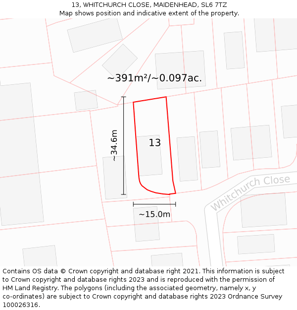 13, WHITCHURCH CLOSE, MAIDENHEAD, SL6 7TZ: Plot and title map