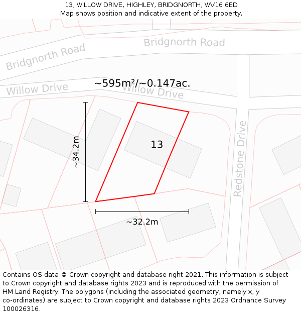 13, WILLOW DRIVE, HIGHLEY, BRIDGNORTH, WV16 6ED: Plot and title map