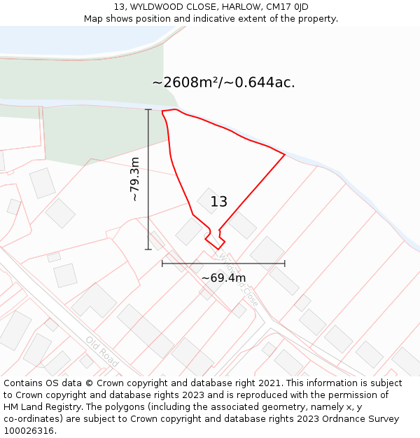 13, WYLDWOOD CLOSE, HARLOW, CM17 0JD: Plot and title map