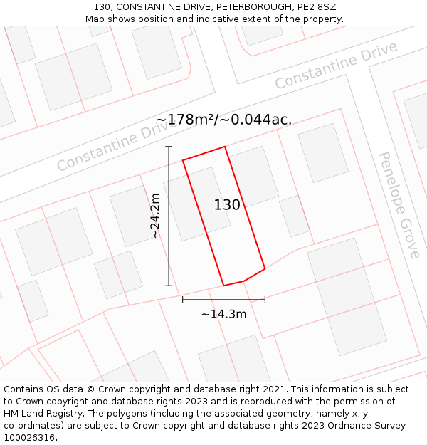 130, CONSTANTINE DRIVE, PETERBOROUGH, PE2 8SZ: Plot and title map