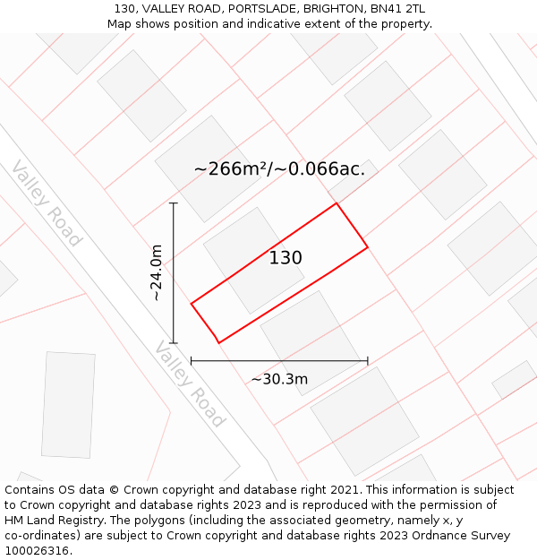 130, VALLEY ROAD, PORTSLADE, BRIGHTON, BN41 2TL: Plot and title map