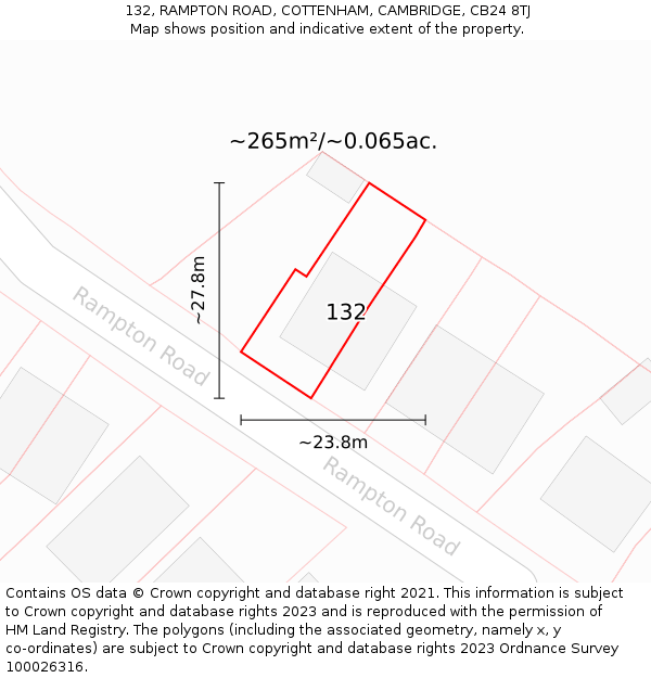 132, RAMPTON ROAD, COTTENHAM, CAMBRIDGE, CB24 8TJ: Plot and title map